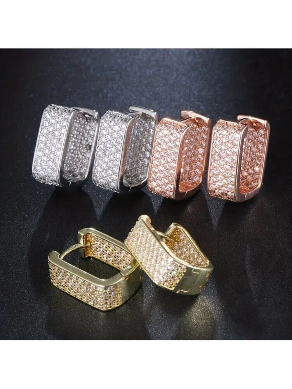 Rectangular Zircon Hoops Gold Tone with Lots of Bling #1418 - Picture 3 of 13